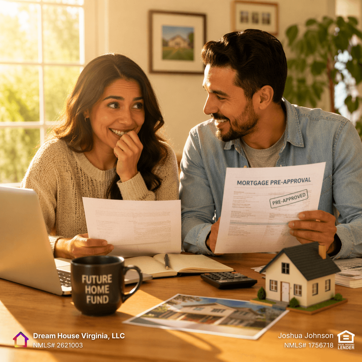 A smiling couple sits at a sunlit table reviewing mortgage paperwork, including a pre-approval letter, with a laptop, calculator, coffee mug, and small model home nearby. Dream House Virginia, LLC branding appears at the lower left, and Joshua Johnson with Equal Housing Lender branding appears at the lower right.