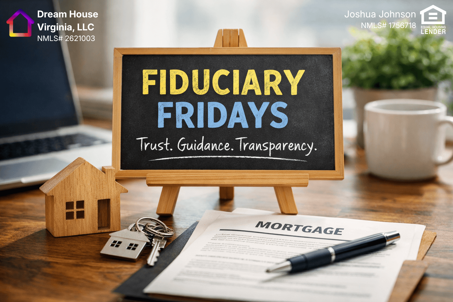 A professionally styled desk scene shows a small chalkboard reading “Fiduciary Fridays” with the words “Trust. Guidance. Transparency.” underneath. In the foreground are a wooden house model, a set of keys, and a mortgage document with a pen, while a laptop, coffee mug, and potted plant sit softly blurred in the background.