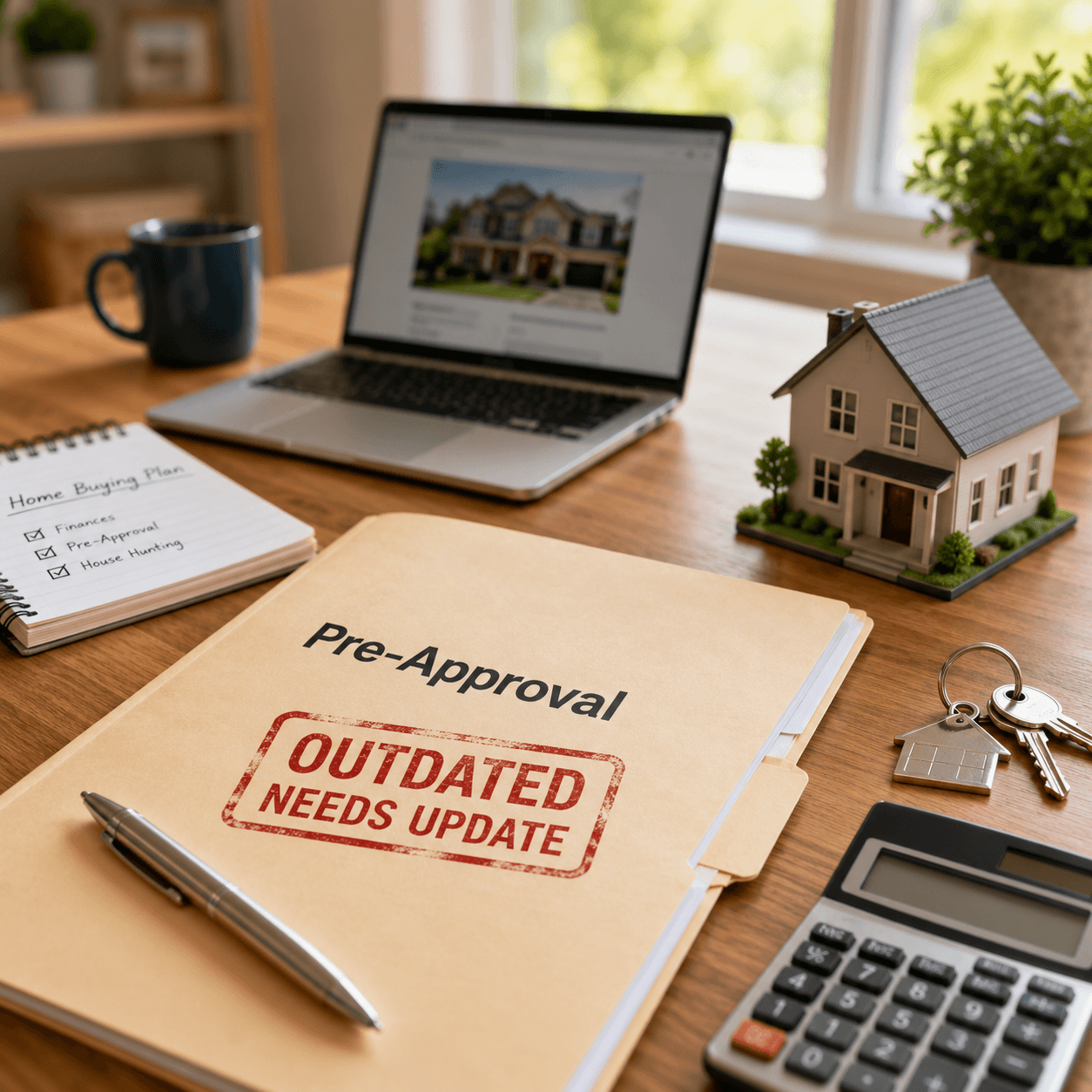 A mortgage pre-approval folder stamped “Outdated, Needs Update” sits on a home-buying desk with a laptop, calculator, house keys, notebook, and model home, illustrating the importance of refreshing a pre-approval before shopping for a house.