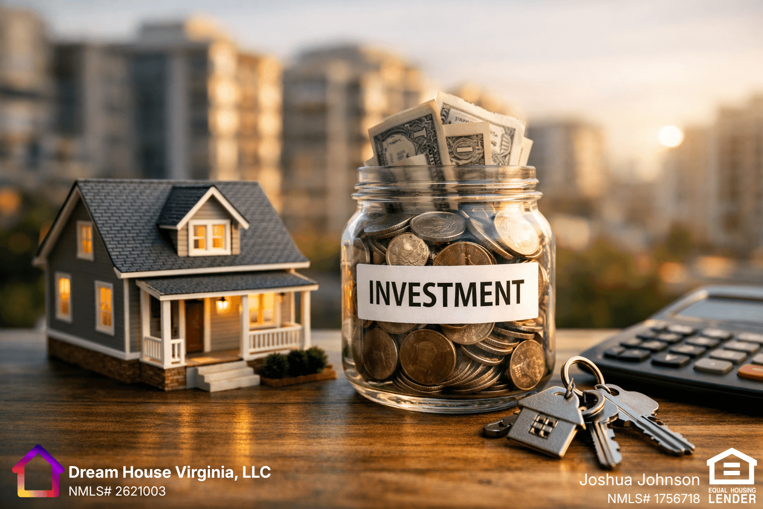 A miniature model house sits on a wooden table next to a glass jar of coins labeled “INVESTMENT,” with a few dollar bills tucked into the top. A set of house keys and a calculator rest nearby, with a softly blurred city skyline and warm sunset light in the background.
