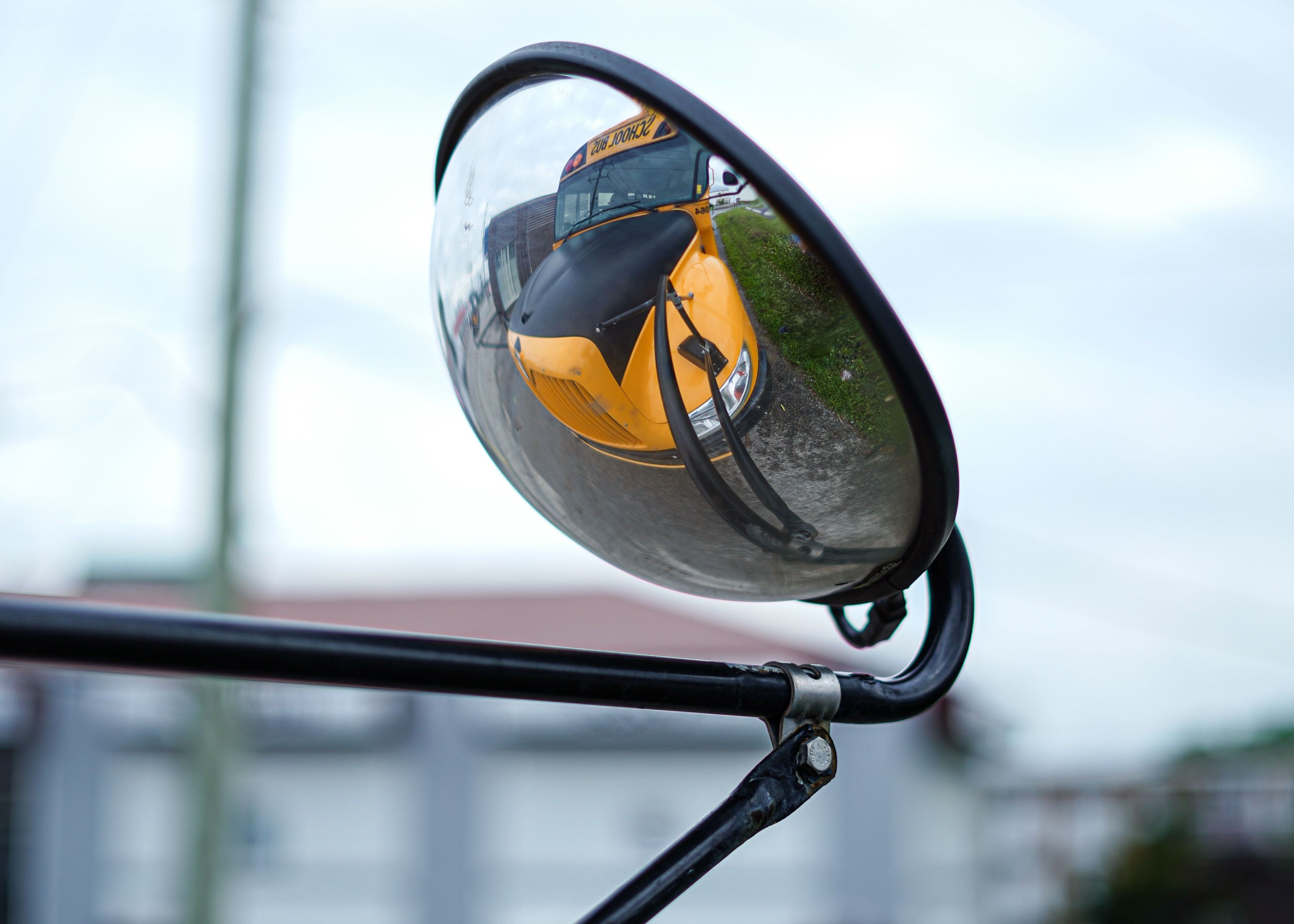 Home Yellow school bus reflected in its outstretched front-right convex mirror