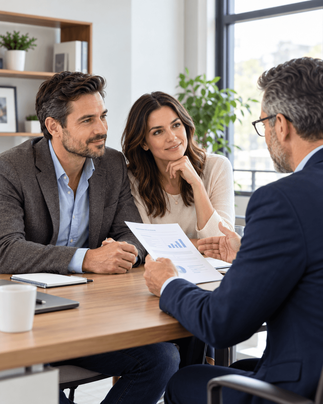 A couple discussing their plans with a financial advisor across a desk in a bright office