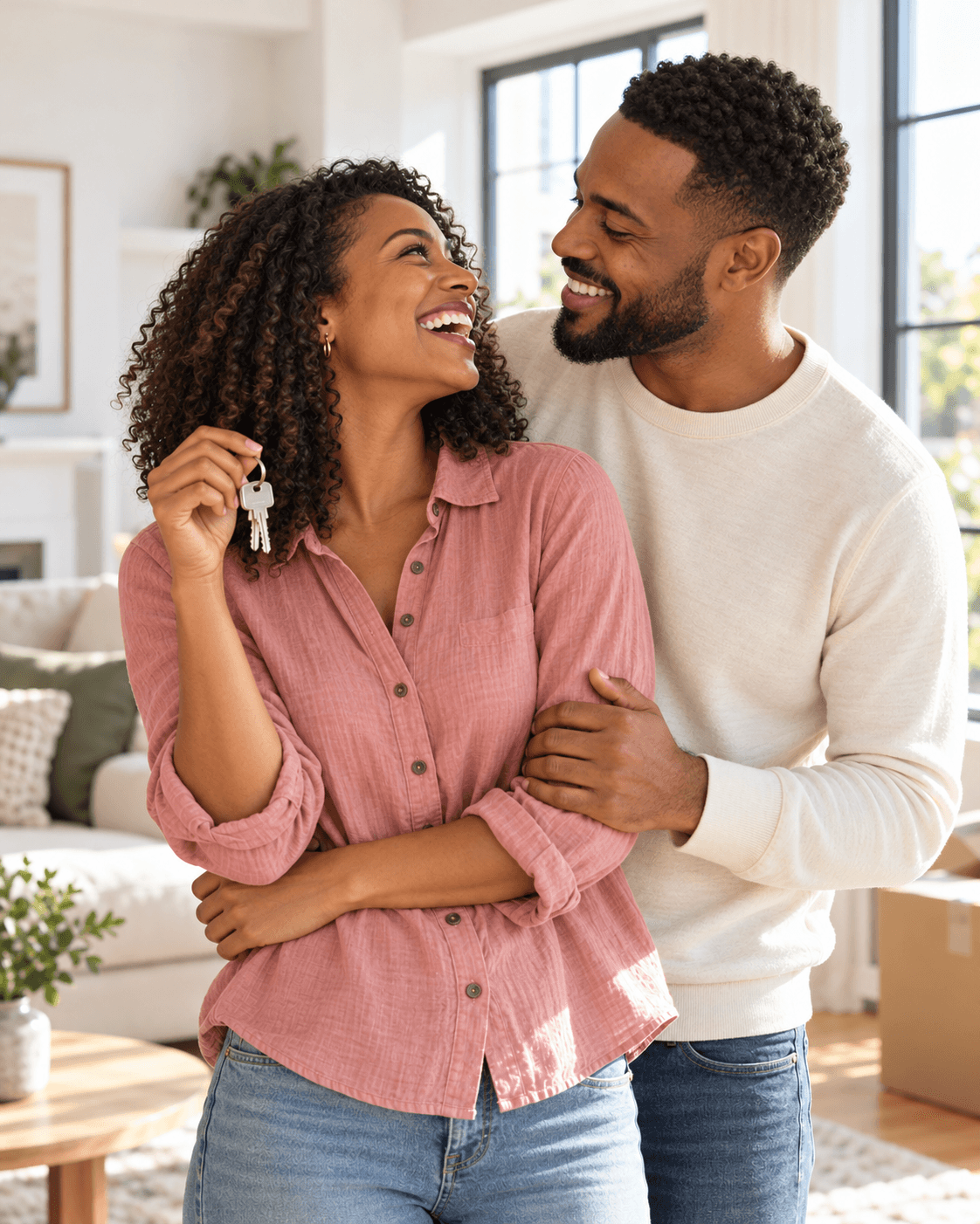 A couple embracing and smiling at each other while holding their new house keys