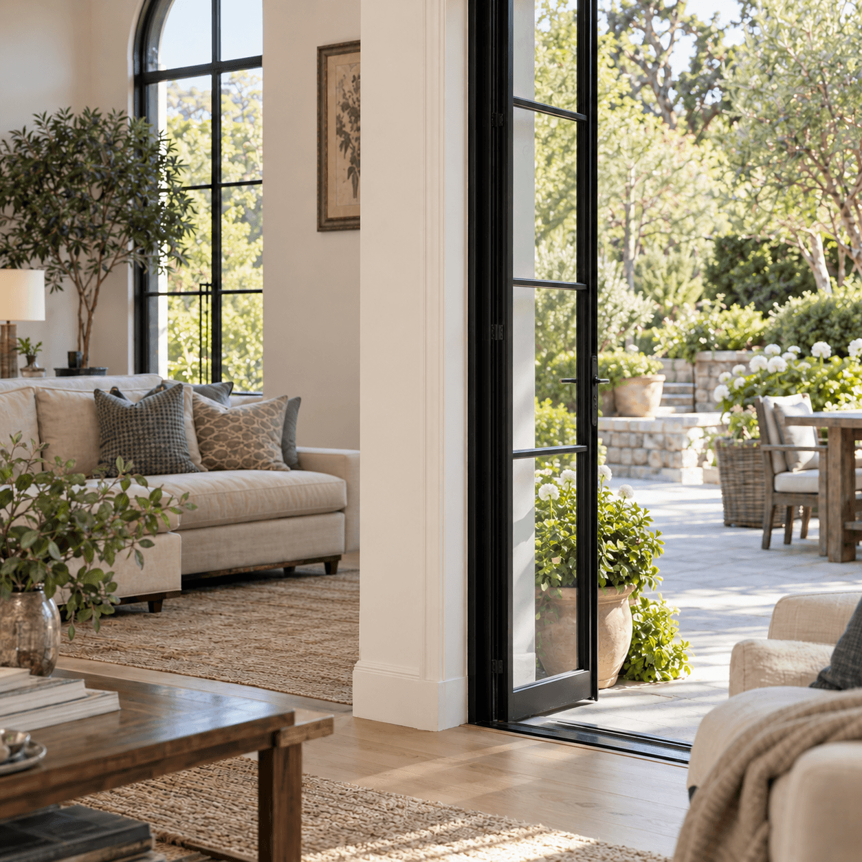 A refined living room opening onto a sunlit garden terrace