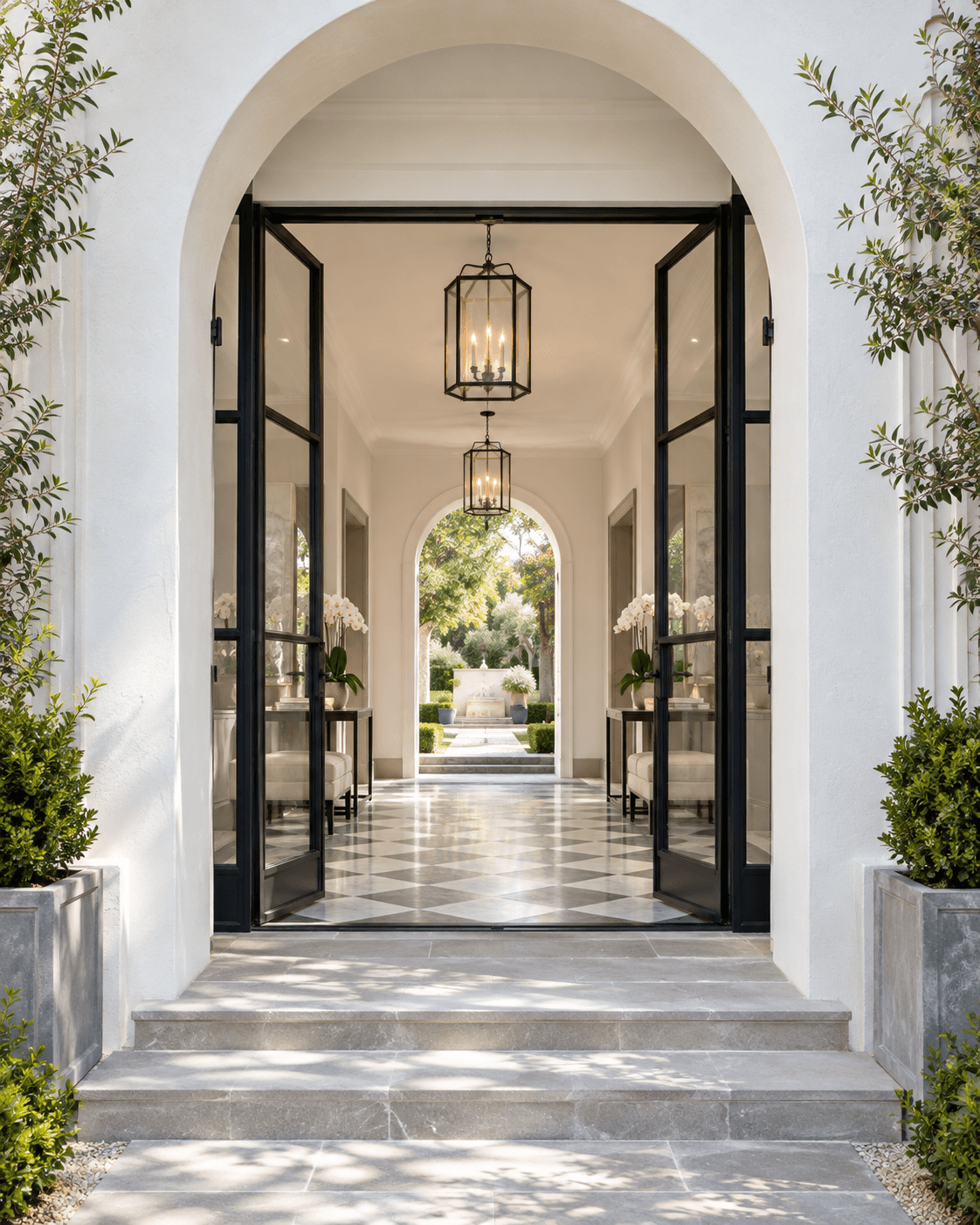 Open black-framed doors beneath a white arch, leading through a bright home to a garden