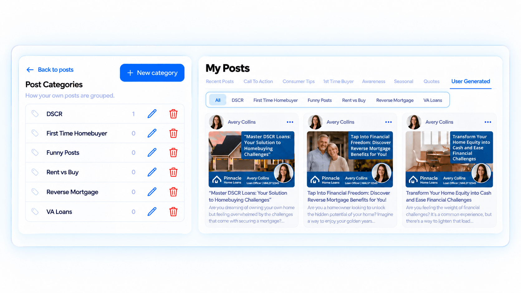 Organize custom social media content into categories in LenderHomePage