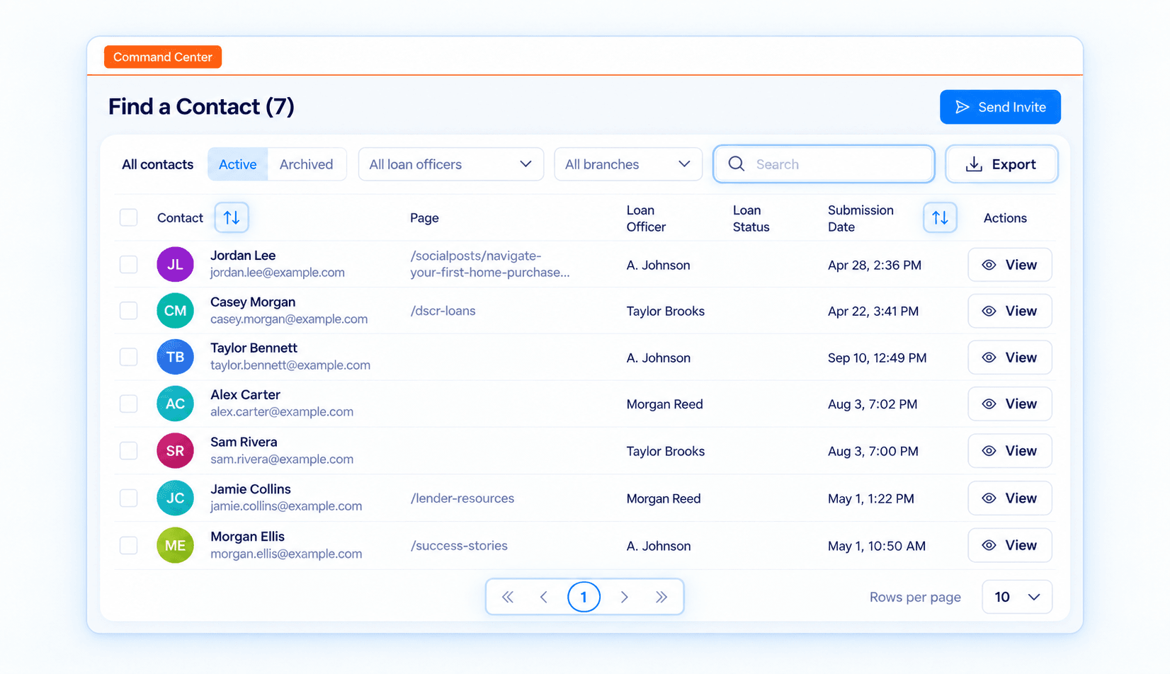 Manage leads faster with search, sorting, export, and pagination in Loanzify