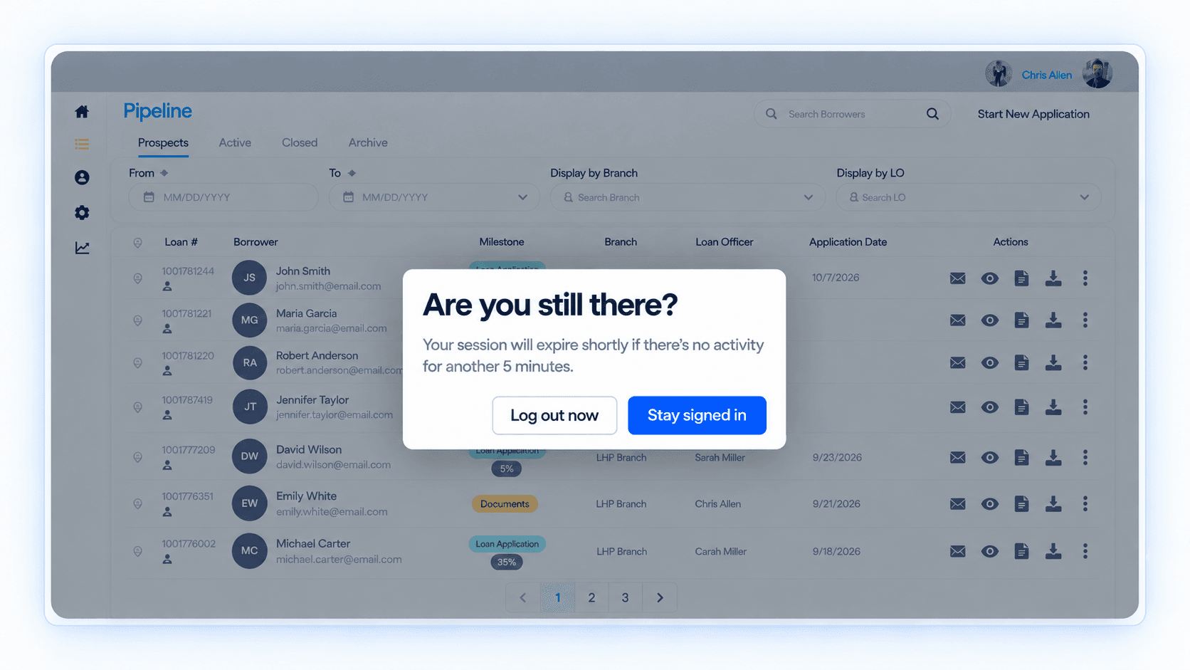 Loanzify session timeout warning with an option to stay signed in